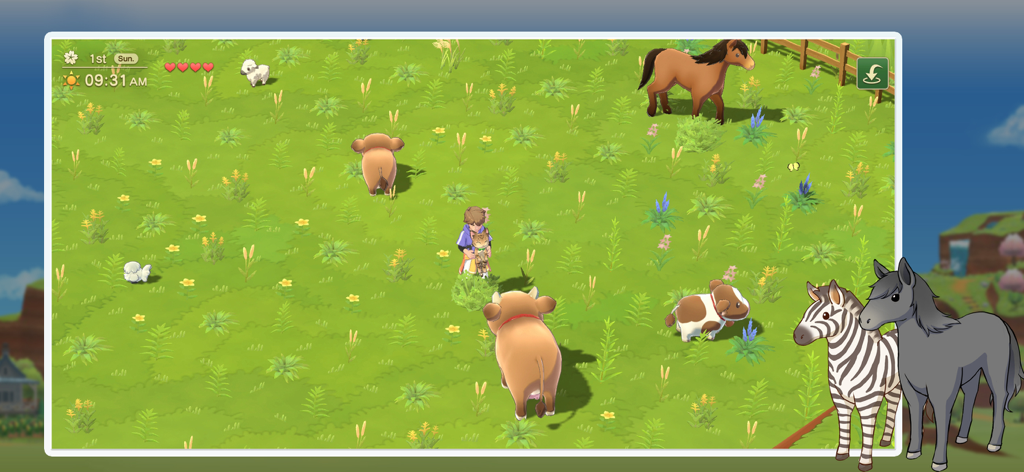 Harvest Moon: Home Sweet Home - A character standing in a lush green field surrounded by various farm animals including cows and horses in Harvest Moon Home Sweet Home