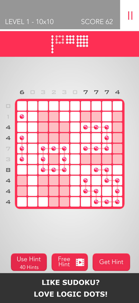 Logic Dots 2 - A screenshot of Logic Dots 2 showing a 10x10 logic puzzle grid with red dots and number clues