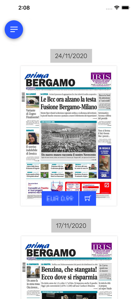 prima Bergamo - Screenshot of the prima Bergamo app showing a chronological list of digital newspaper editions from the archive