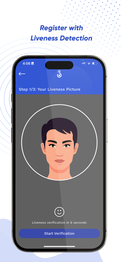 CamDigiKey - A mobile screen showing the liveness detection registration process for the CamDigiKey app.