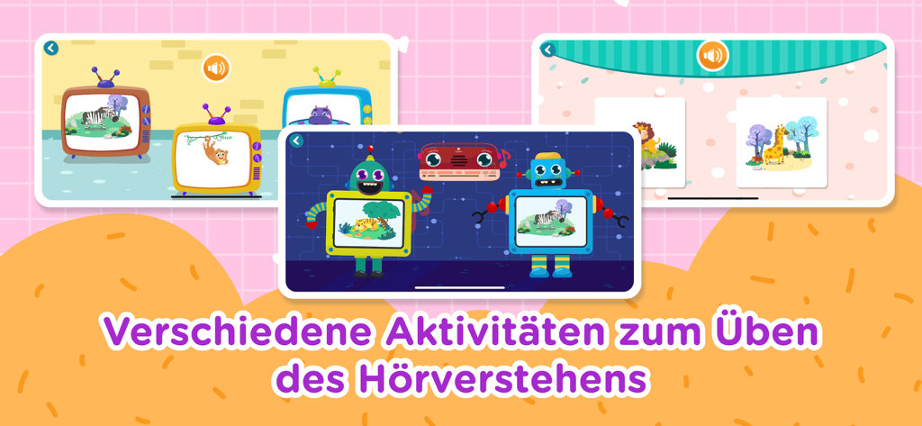 Pantallas de una aplicación educativa que muestran juegos de comprensión auditiva para niños con animales y robots