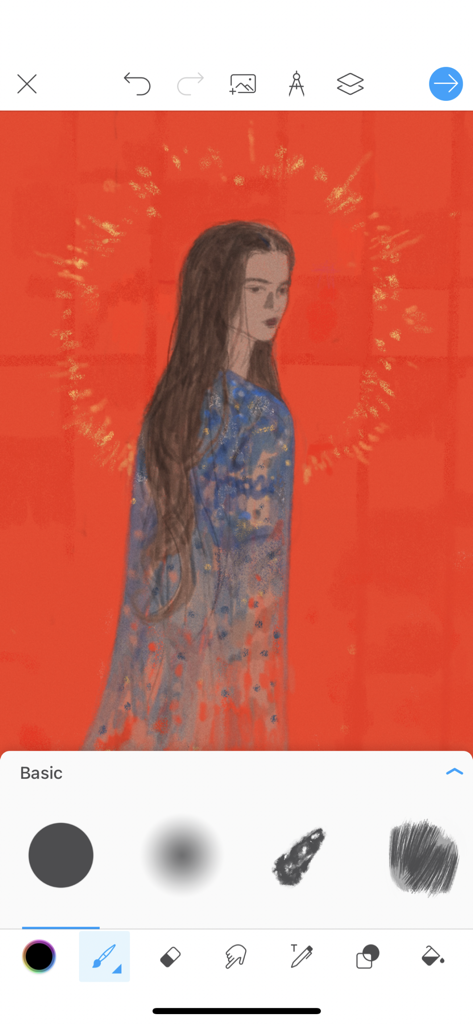 Interfaz de pintura de retrato digital en la aplicación Picsart Color con selección de pinceles