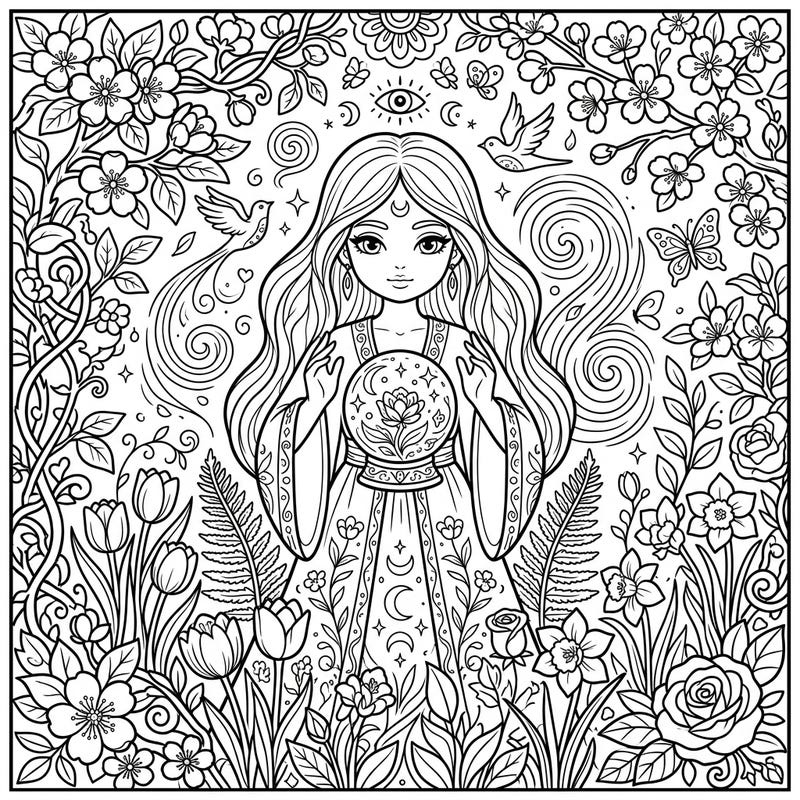 Dive into a world of mystique and renewal with this enchanting coloring page featuring a visionary prophetess amidst a blooming spring garden. Discover intricate details and spiritual symbols as you bring this powerful oracle to life with your colors.
