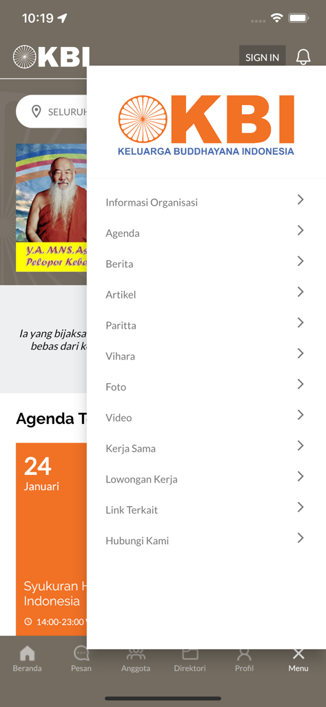 Screenshot of the Buddhayana app showing the main navigation menu with options like Organization Info News and Articles