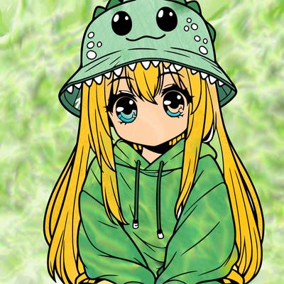 girl with anime shaped eyes with a dinosaur bucket hat oversized sweatshirt long straight hair