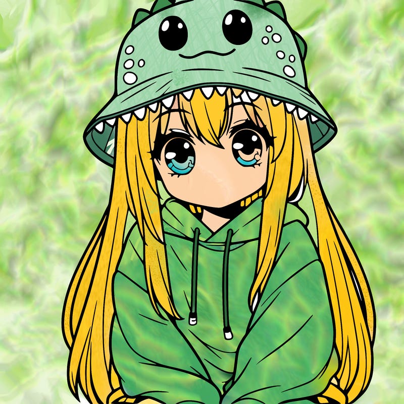 girl with anime shaped eyes with a dinosaur bucket hat oversized sweatshirt long straight hair