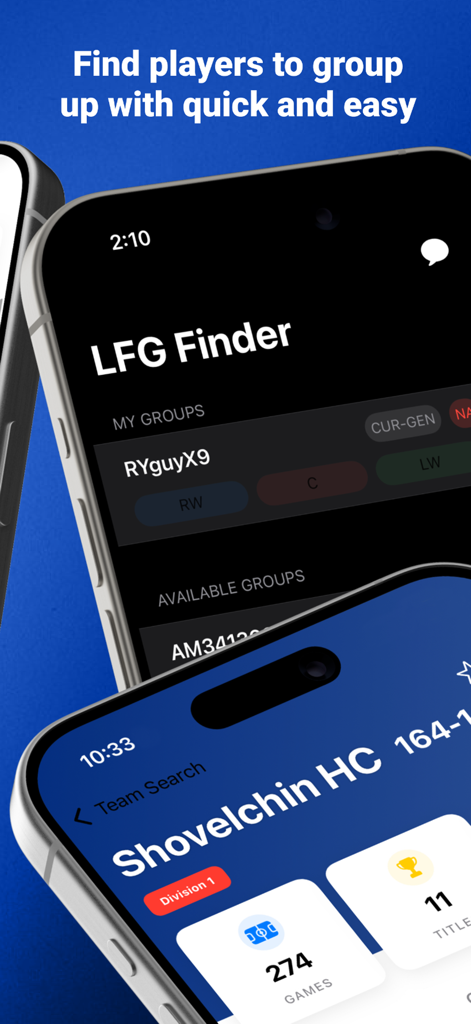 Puck Stats - Two phone screens from the Puck Stats app showing the LFG Finder tool and detailed team search statistics for NHL players
