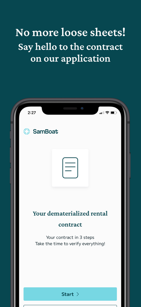Samboat - Boat rental & Yacht - Samboat mobile app screen showing the digital rental contract feature for paperless boat bookings
