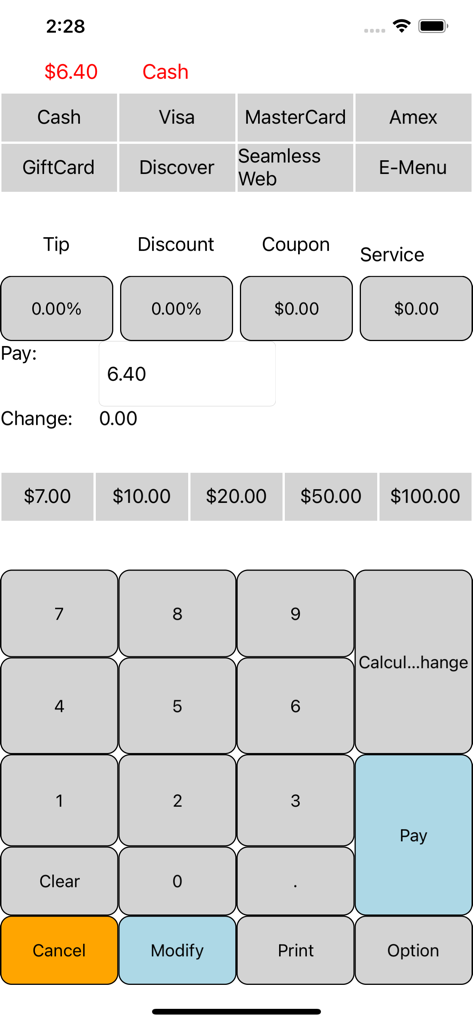 Restaurant POS payment screen with cash and credit card options and numerical keypad