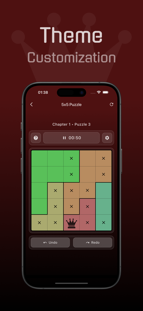 N-Queens Puzzle - N-Queens Puzzle app interface showing a colorful 5x5 logic grid with theme customization options.