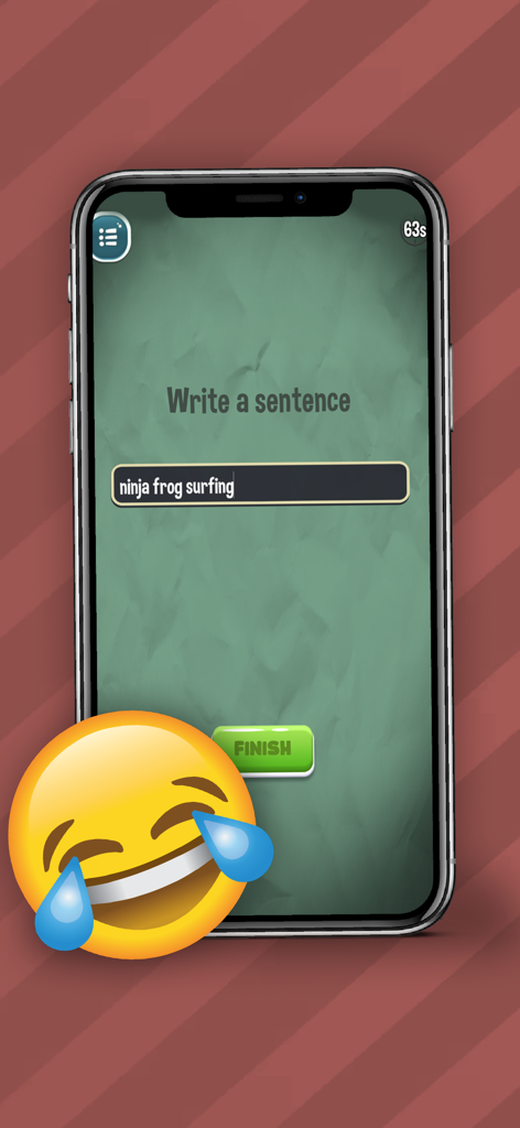 Drawing Phone | Draw & Guess - Una pantalla de móvil de la aplicación Drawing Phone que muestra una indicación para escribir una oración con el texto 'ninja rana surfeando' introducido en un campo.