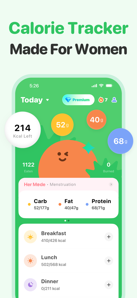Calorie Counter AI: Food Cam - Dashboard dell'app Calorie Counter AI che mostra il tracciamento di calorie e macro personalizzato per le donne, inclusa una modalità mestruazione