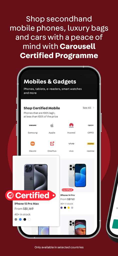 Carousell app interface showing certified secondhand mobile phones for sale with brands like Apple and Samsung