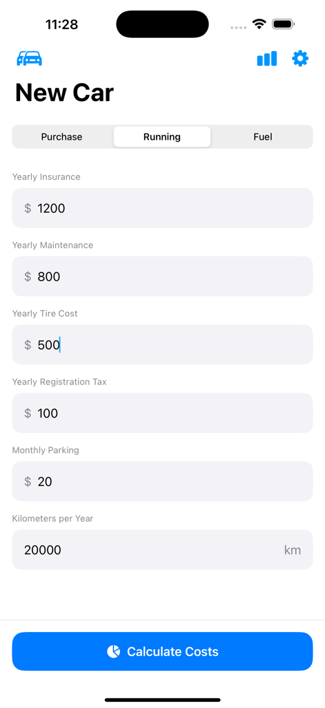 Car Monthly Costs - Interface for entering yearly car expenses like insurance maintenance and tires