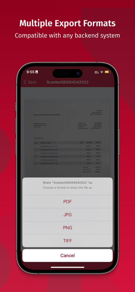 Scanbot SDK mobile app showing document export options for PDF JPG PNG and TIFF formats