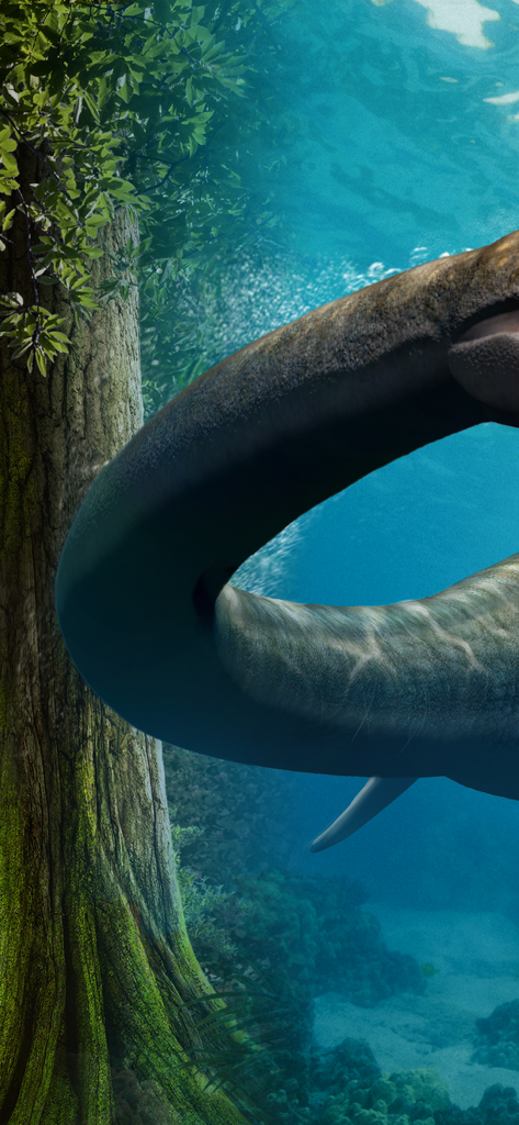World of Dinosaurs - Detailed underwater illustration of a prehistoric marine reptile swimming near a submerged tree trunk