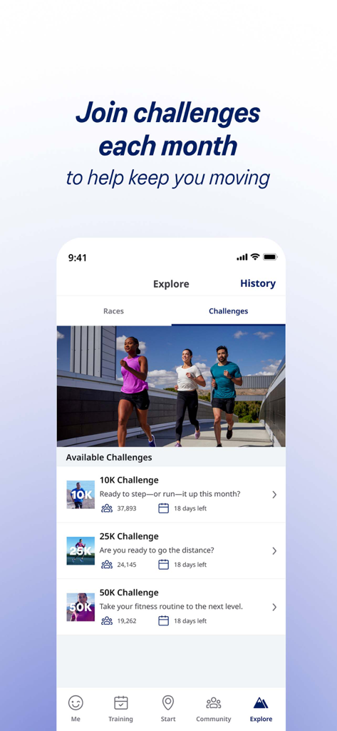 Écran des défis mensuels de course à pied et de fitness dans l'application ASICS Runkeeper