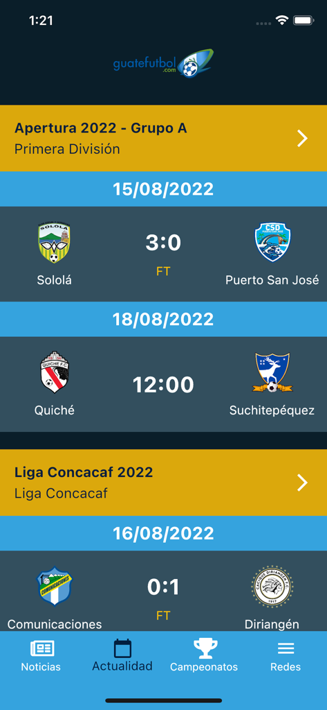 Screenshot of Guatefutbol app showing Guatemalan soccer league scores and match schedules