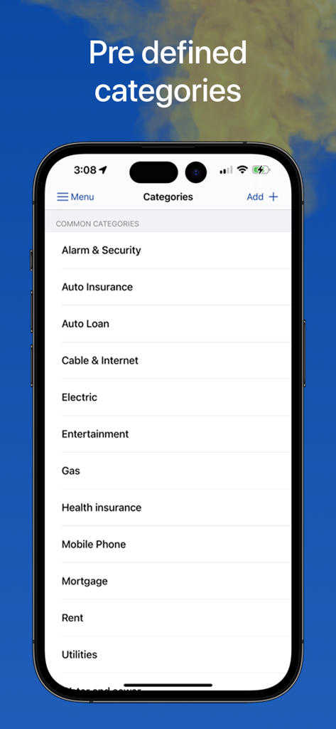 Bill Organizer & Reminder - Una lista de categorías de facturas predefinidas como alquiler e hipoteca en la aplicación Organizador de Facturas y Recordatorio