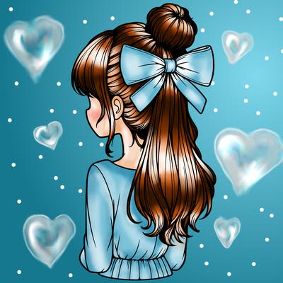 realistic girl  with hip length hair a bun and a big bow on the back of head