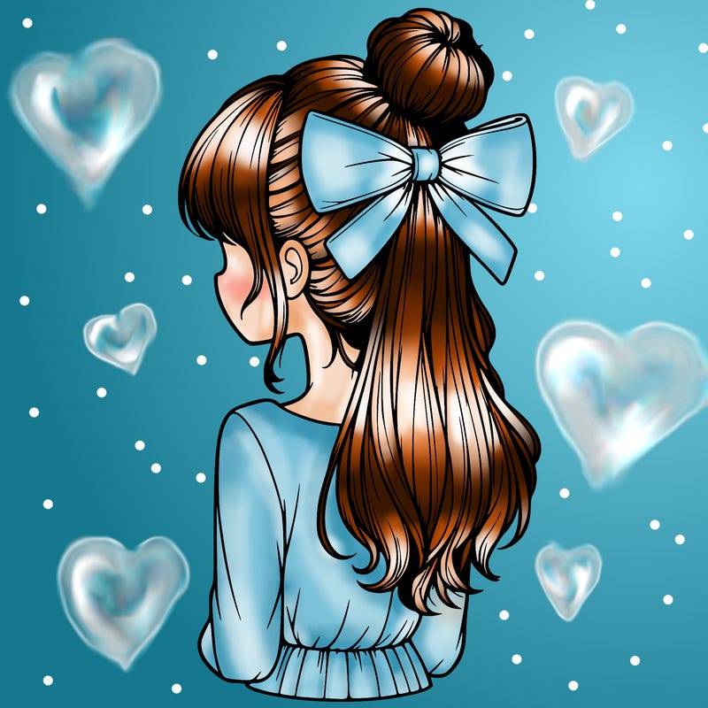 realistic girl  with hip length hair a bun and a big bow on the back of head