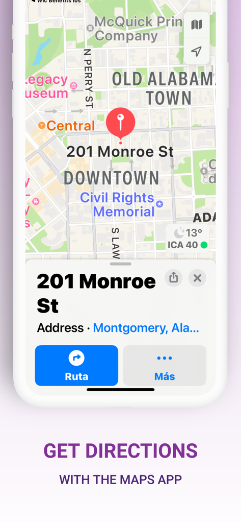 Interfaz de mapa dentro de la aplicación Guía de Beneficios WIC mostrando la ubicación de una oficina local con botones para direcciones e información adicional.
