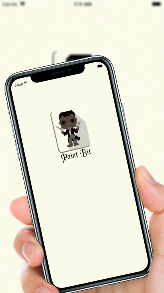 PaintBit App- Pixel Drawing - Hand holding an iPhone displaying the PaintBit pixel art app splash screen.