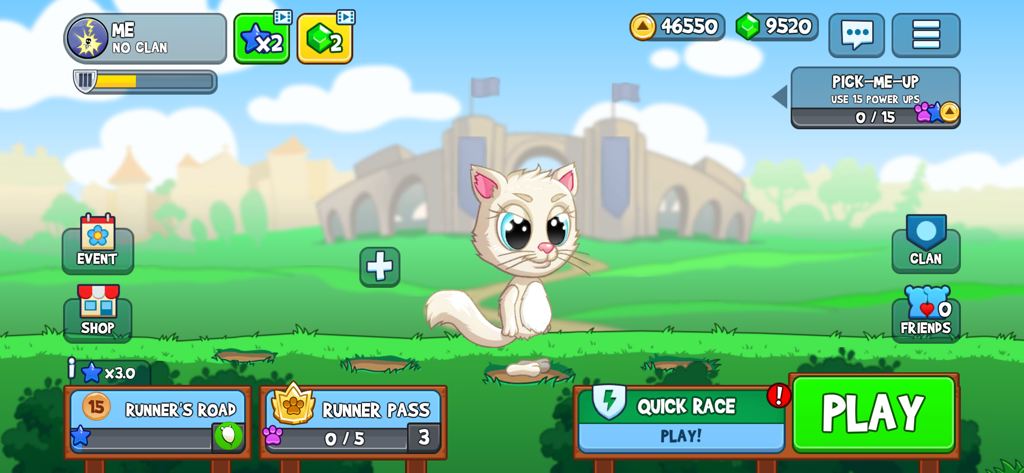 Main menu of Fun Run 3 featuring a white cat character in a grassy field with a castle background
