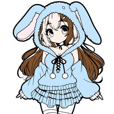 pretty anime girl wearing a fluffy hoodie with bunny ears on the hood and a skirt