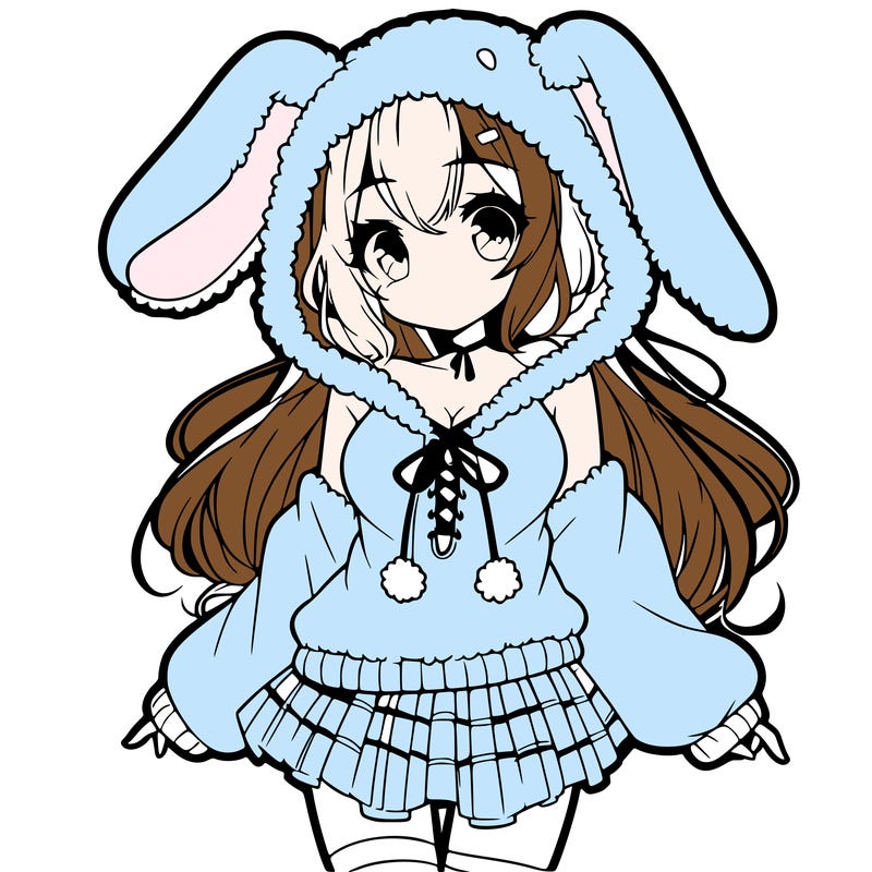 pretty anime girl wearing a fluffy hoodie with bunny ears on the hood and a skirt