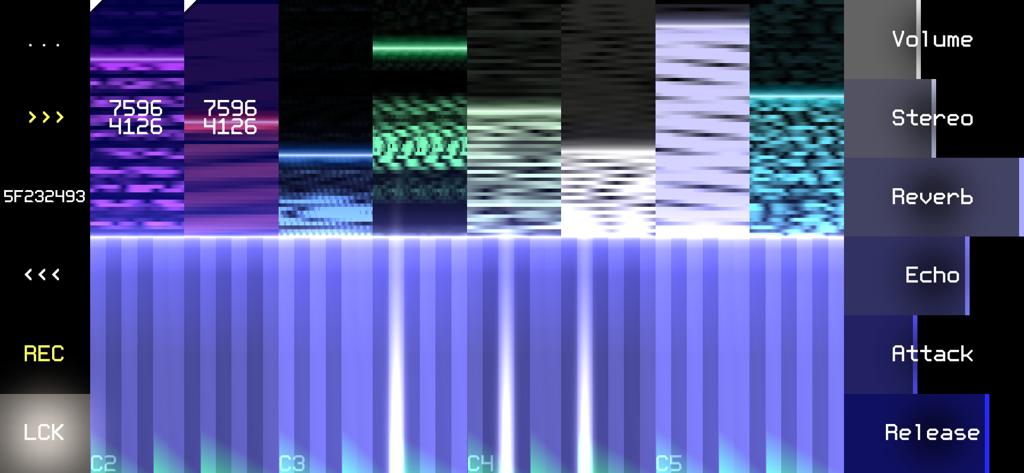 Low Poly Synth - Low Poly Synth app interface showing abstract glitch textures and a musical keyboard for sound design.