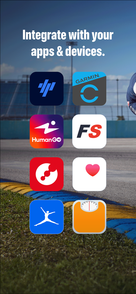 A display of fitness app icons including Garmin and TrainingPeaks showing compatibility with Fuelin.