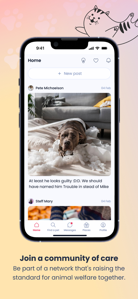 Furever - Pantalla de inicio de la aplicación Furever que muestra un feed social con fotos de mascotas y publicaciones de la comunidad.