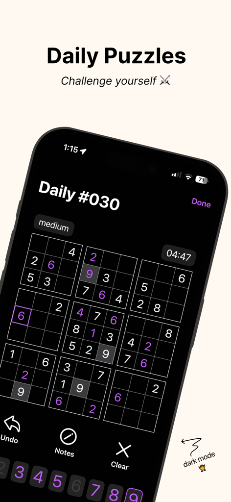 Interfaz de la app Not Evil Sudoku mostrando un puzzle diario de dificultad media en modo oscuro.