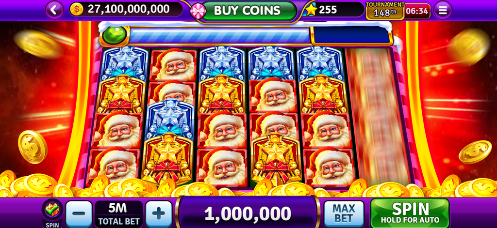 Weihnachtlich thematisierter Weihnachtsmann-Spielautomat in Tycoon Casino Vegas Slots mit einer großen Münzgewinnanzeige