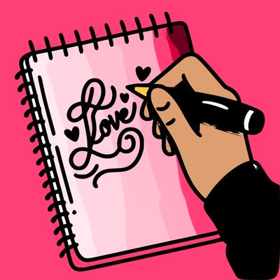 a hand writing “love” in calligraphy on a notebook