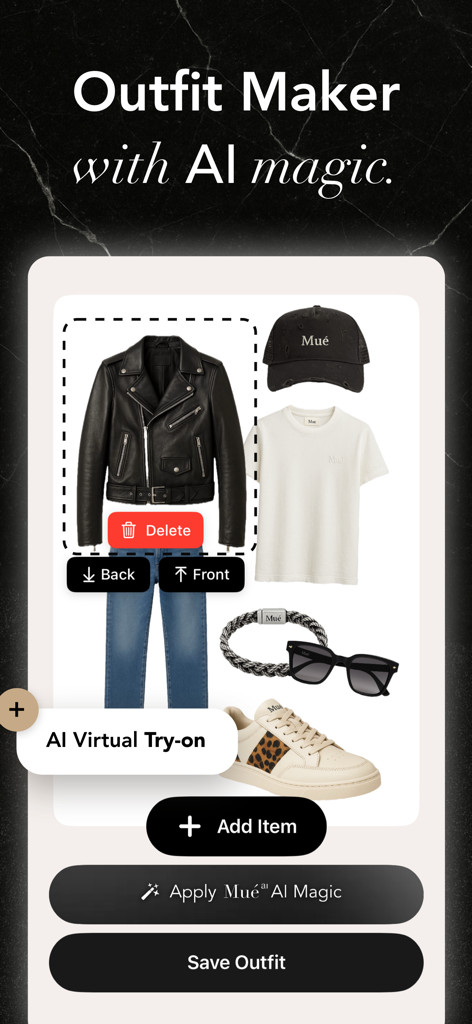 Interface of the Mue app showing an AI-powered clothing collage with a leather jacket, jeans, and fashion accessories