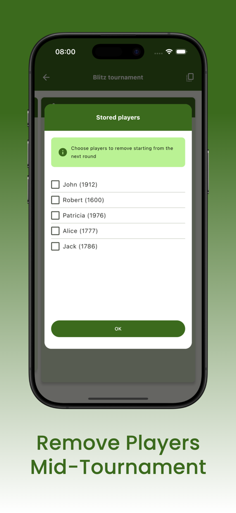 Chess Tournament Manager Pro - Interfaz de la aplicación móvil para eliminar jugadores a mitad del torneo en Chess Tournament Manager Pro.