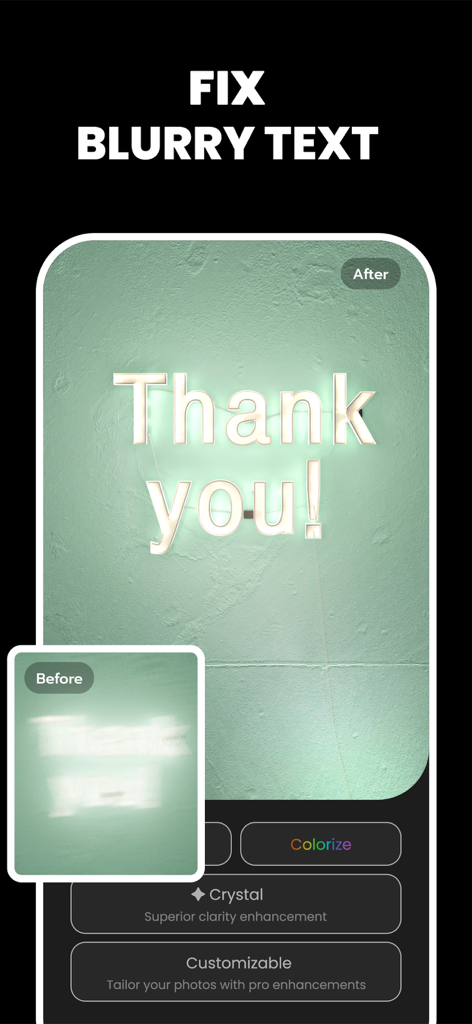 Unblur Clear Image·Enhancer AI - Before and after comparison of a blurry neon sign saying Thank You sharpened by AI image enhancer