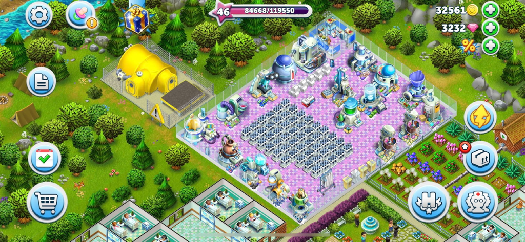 My Hospital: Decorate and Heal - 나의 병원에서 실험실과 약용 식물 정원을 보여주는 게임 플레이 스크린샷.