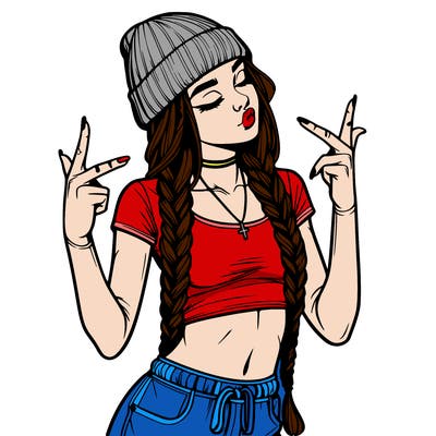 realistic teenage girl with braids and a beanie and crop top doing 🫶🏼