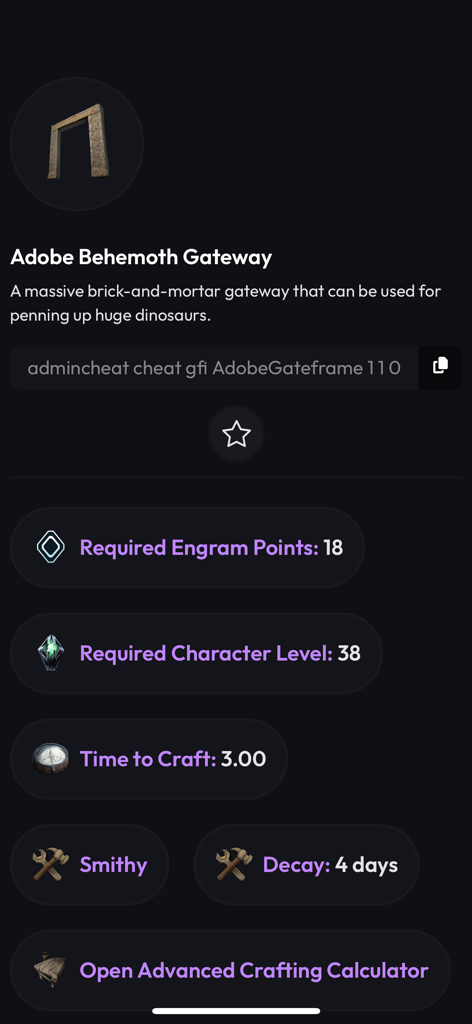 ARK Unity app screen showing crafting requirements and console commands for the Adobe Behemoth Gateway item.