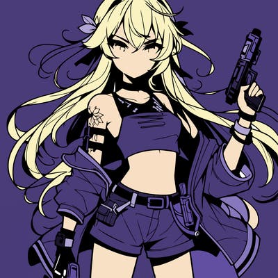 bad girl wearing crop top holding a gun long hair anime
