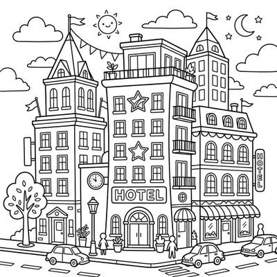 Dive into an exciting cityscape with this charming hotel skyscrapers coloring page, perfect for young urban explorers. Kids will love bringing these detailed buildings and street scenes to life with their favorite colors.