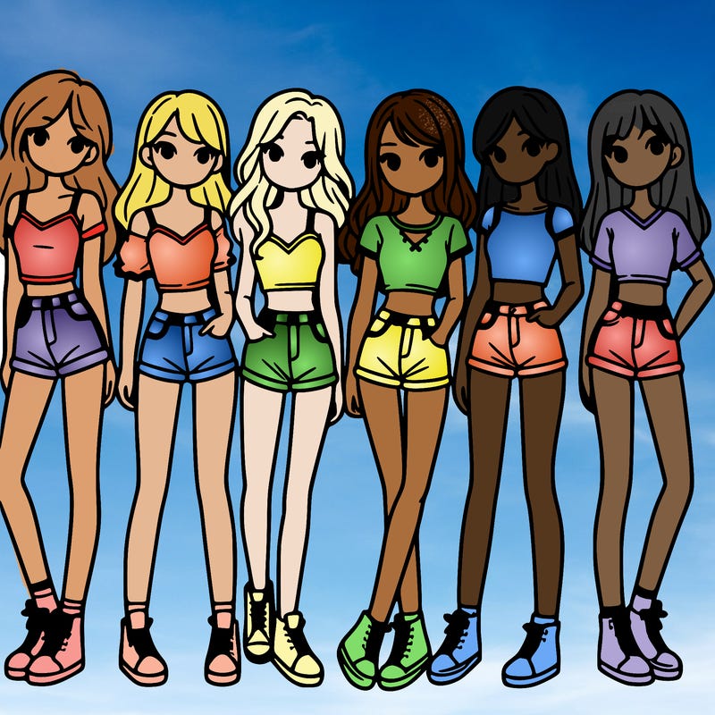 a group of girls wearing crop tops and shorts