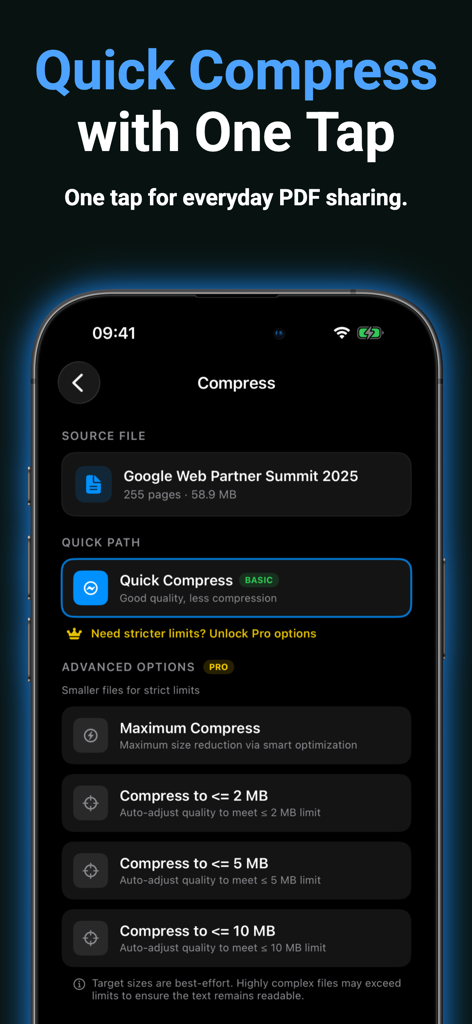クイック圧縮および2MB、5MB、10MBなどの高度なターゲットファイルサイズオプションを示すShrinkPDFアプリのインターフェイス