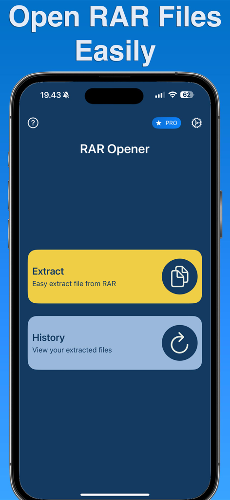 RAR Opener - Hauptbildschirm der RAR Opener App mit den Optionen Extrahieren und Verlauf auf einem iPhone.