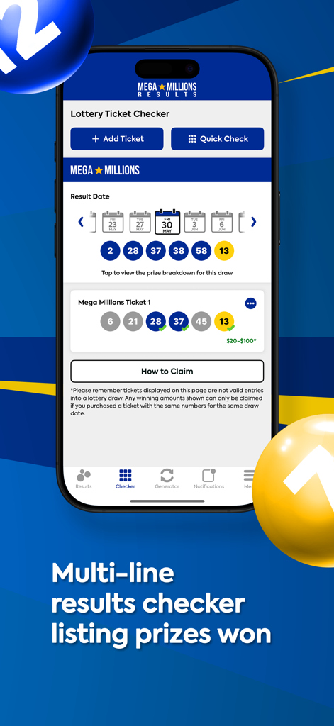Mega Millions Lottery - Mega Millions app ticket checker interface showing winning numbers and calculated prizes for a specific draw.