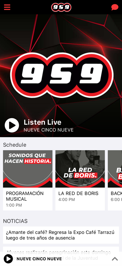 Pura Vida Radios - Interface of the Pura Vida Radios mobile app showing the 95.9 FM station with schedule and news