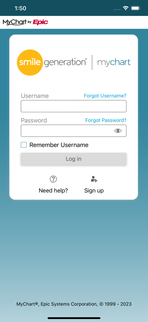 Login page for the Smile Generation MyChart app showing username and password entry fields